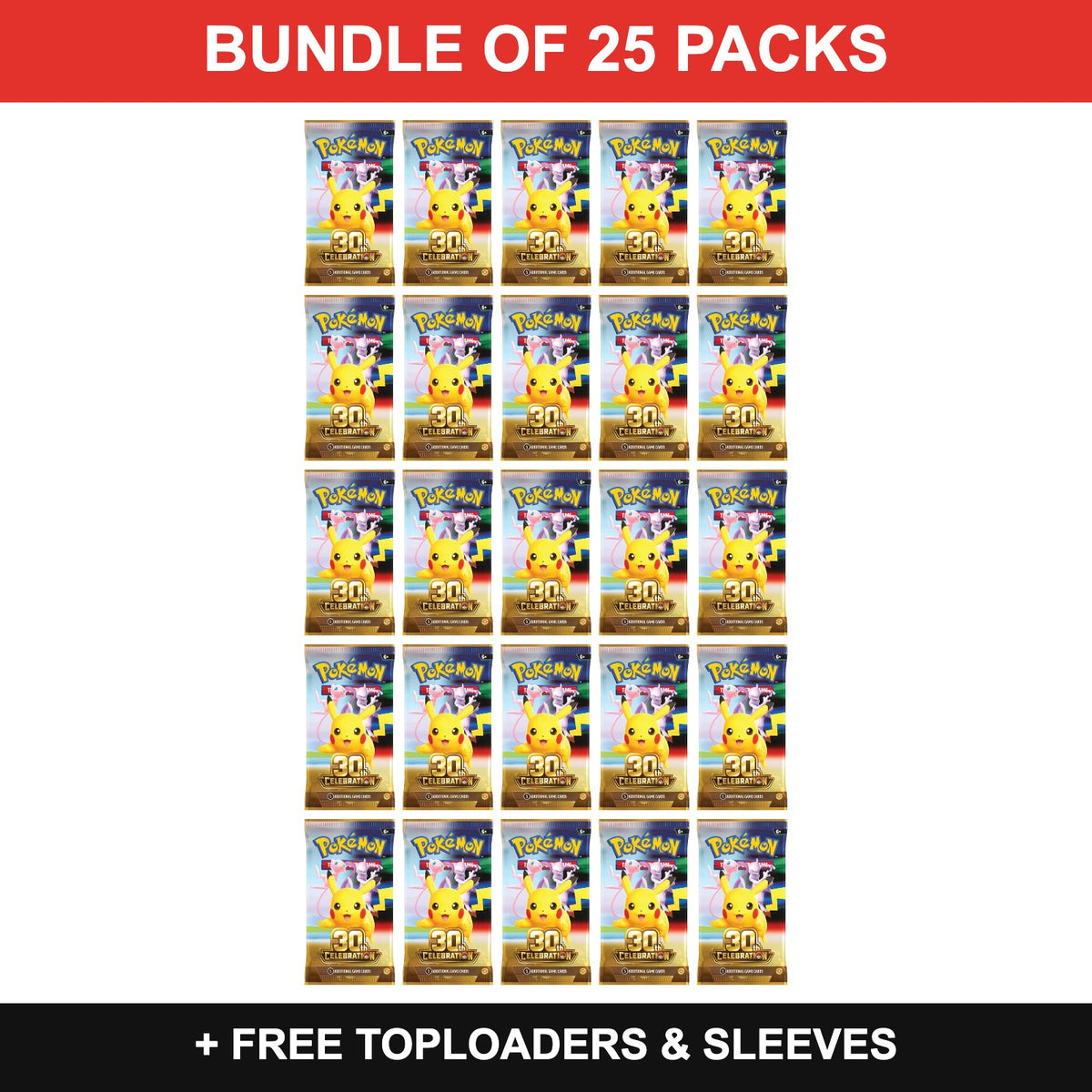 Pokémon TCG 30th Celebration Booster Pack Bundle of 25 with free toploaders and sleeves