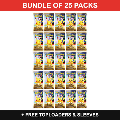 Pokémon TCG 30th Celebration Booster Pack Bundle of 25 with free toploaders and sleeves