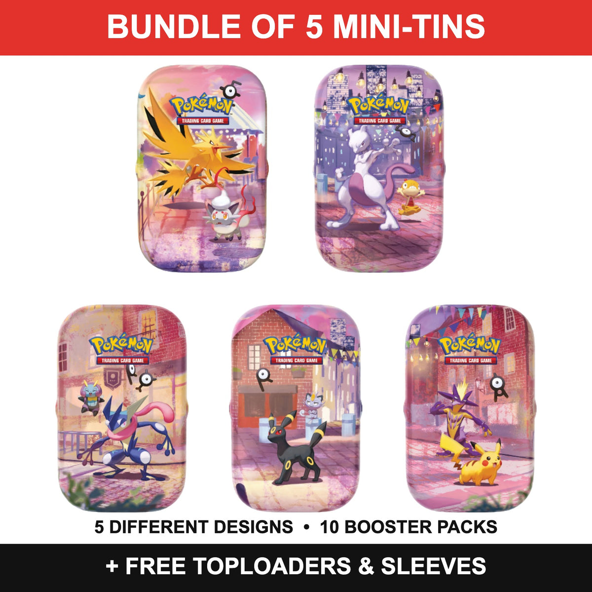 Pokémon TCG 30th Celebration Mini-Tin Bundle of 5 different designs with free toploaders and sleeves