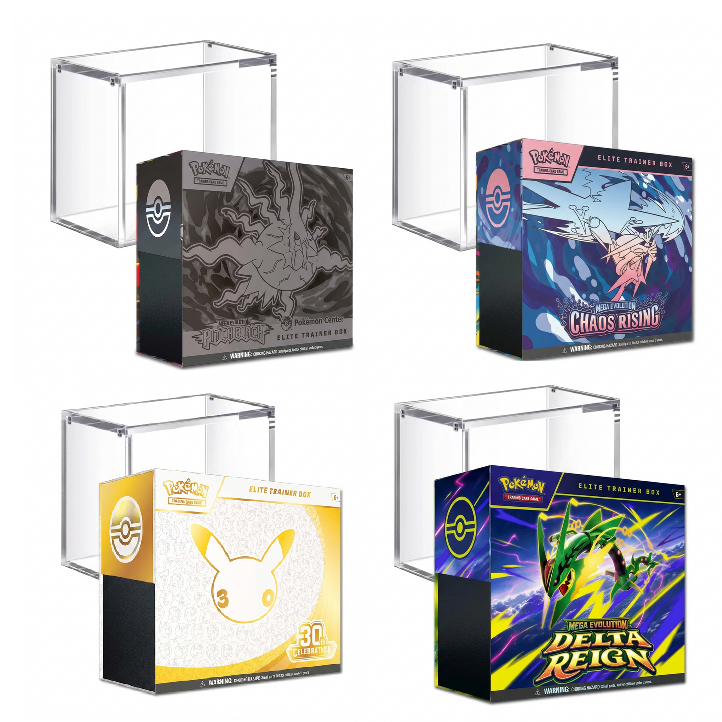 Pokémon TCG: ETB With Acrylic Case Bundle Of 4 (30th, Delta Reign, Chaos Rising & Pitch Black) (PRE-ORDER)