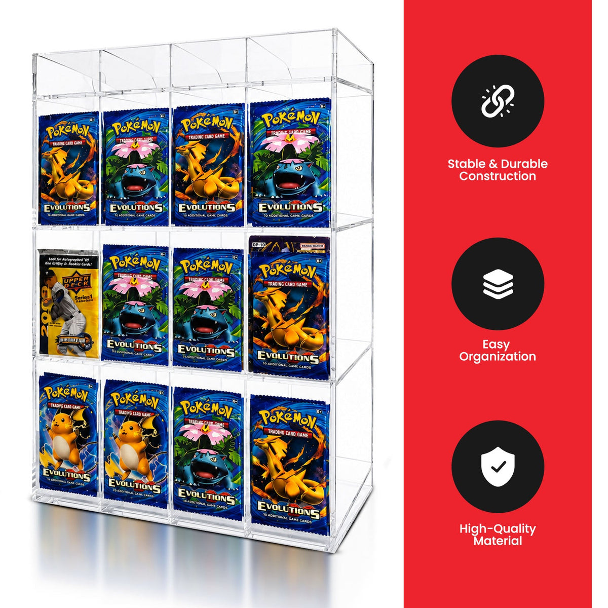 EVORETRO Acrylic Booster Pack Display Stand – Retail Counter Unit with Top Shelf (Special Order)