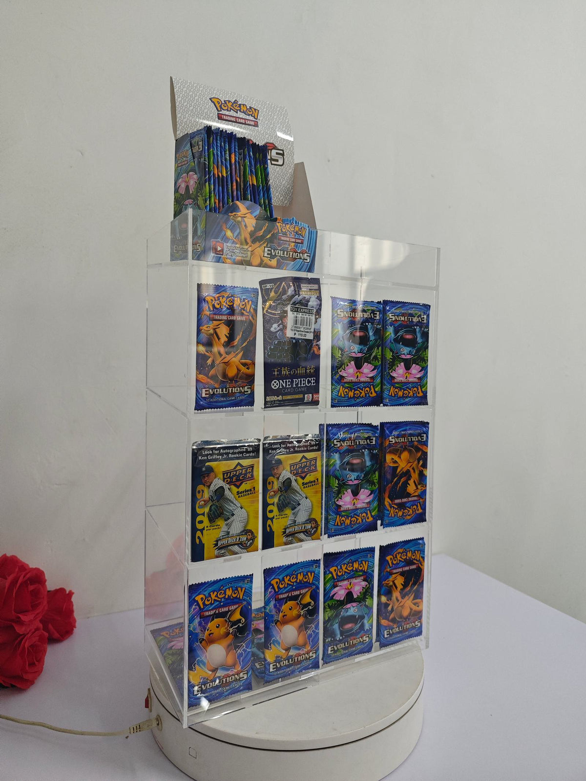 EVORETRO Acrylic Booster Pack Display Stand – Retail Counter Unit with Top Shelf (Special Order)