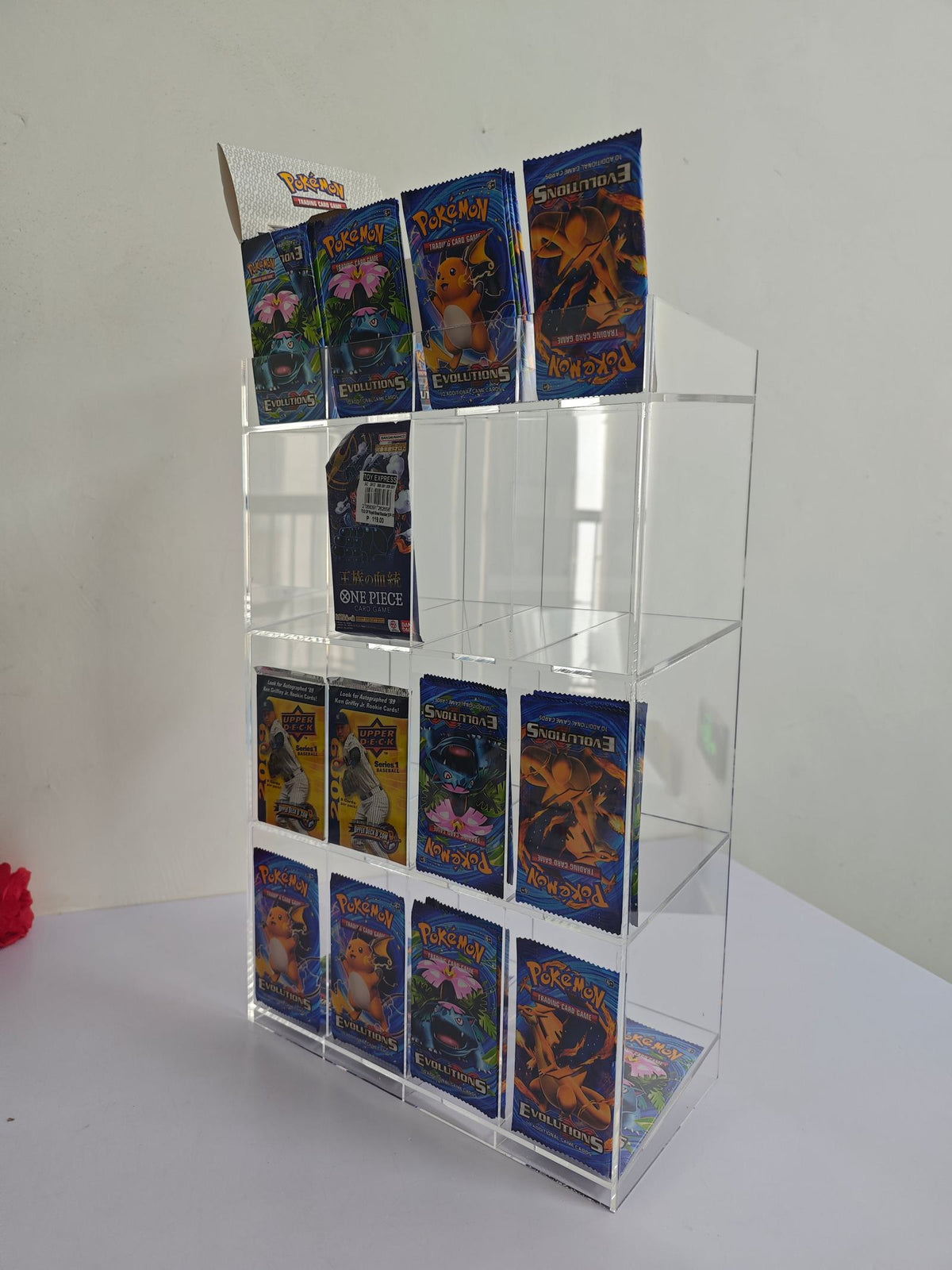 EVORETRO Acrylic Booster Pack Display Stand – Retail Counter Unit with Top Shelf (Special Order)