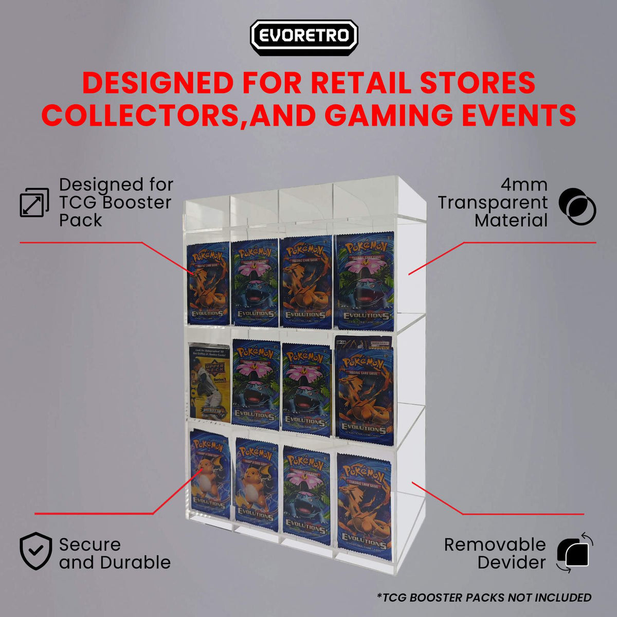EVORETRO Acrylic Booster Pack Display Stand – Retail Counter Unit with Top Shelf (Special Order)