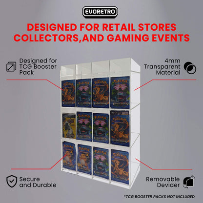 EVORETRO Acrylic Booster Pack Display Stand – Retail Counter Unit with Top Shelf (Special Order)