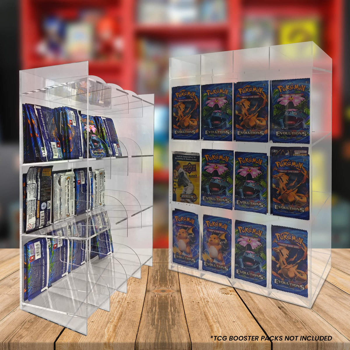 EVORETRO Acrylic Booster Pack Display Stand – Retail Counter Unit with Top Shelf (Special Order)