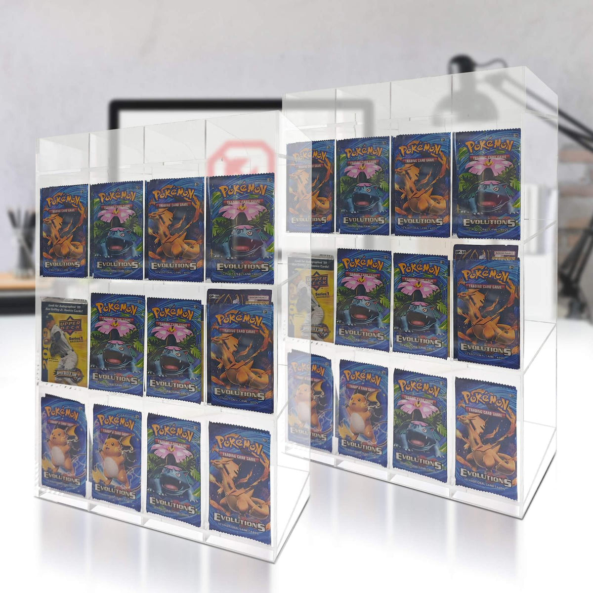 EVORETRO Acrylic Booster Pack Display Stand – Retail Counter Unit with Top Shelf (Special Order)