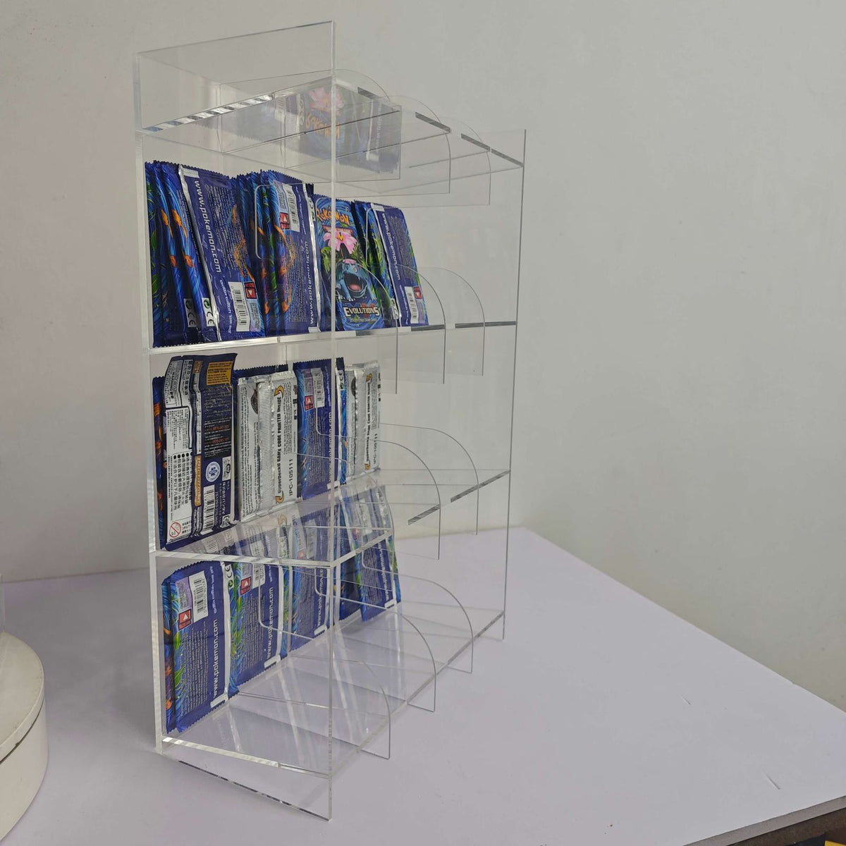 EVORETRO Acrylic Booster Pack Display Stand – Retail Counter Unit with Top Shelf (Special Order)